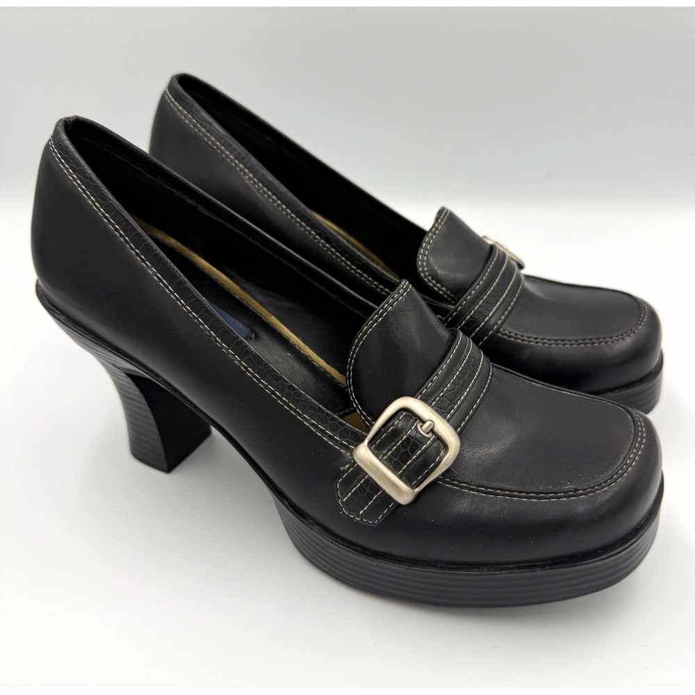 Vintage LEI Black Platform Heel Womens 9 Pumps Square Toe Chunky Side Buckle